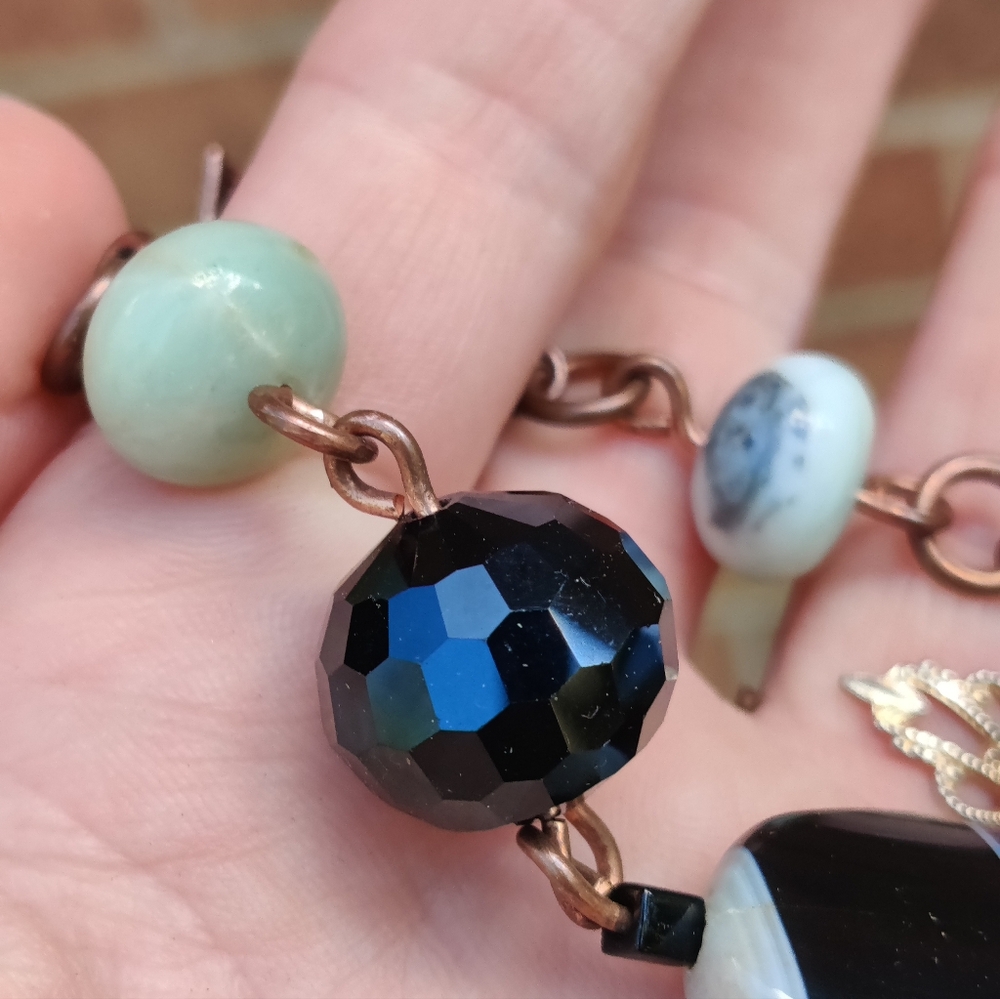 🔥 Vintage Copper Black Banded Agate,Jade And Faceted Black Onyx Bracelet - Picture 3 of 8